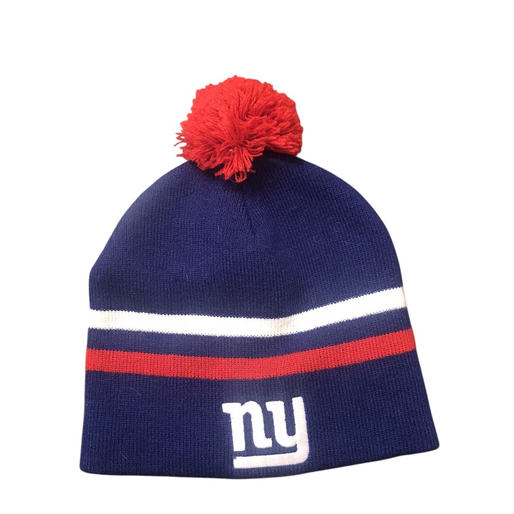 New York Giants NFL Team Apparel Blue Red Pom Knit Beanie Youth OSFA